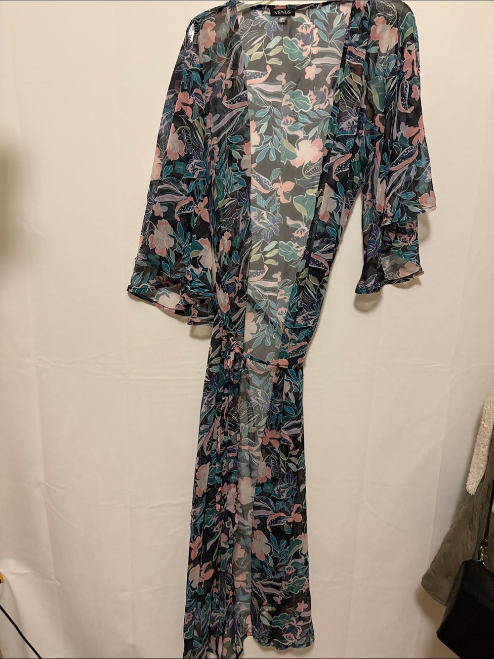 VENUS Navy Floral Sheer Maxi Wrap robe with Pink Accents